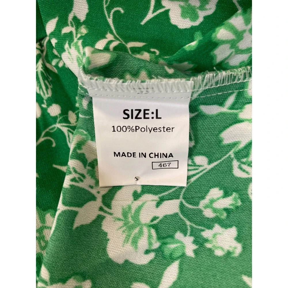 Cottagecore Dokotoo Women Large Green White Floral Puff Sleeve V-Neck Mini Dress - Picture 4 of 14